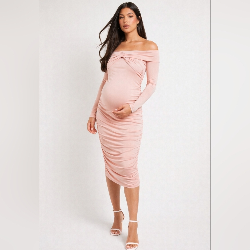 Boohoo Maternity Twist Front Bardot Ruched Midi Dress – Blush Pink – NWT – 6
